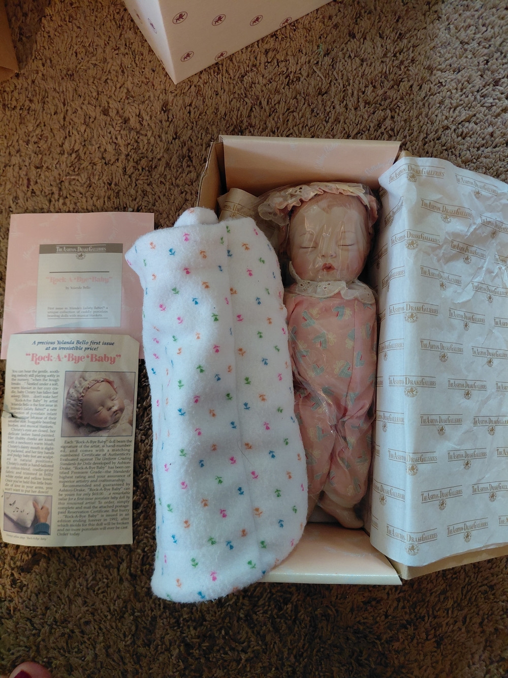 Heirloom Sleeping Baby Doll in Pink with Floral Blanket